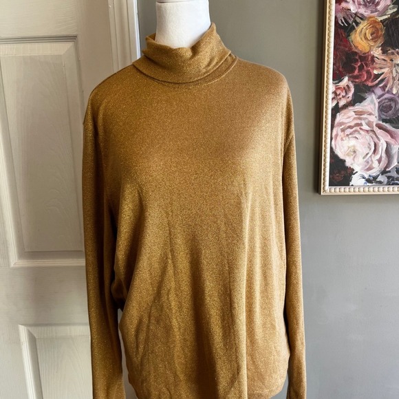 Gold Metallic Turtleneck Long Sleeve Top Sparkle Shimmer Holiday Party - Picture 2 of 8